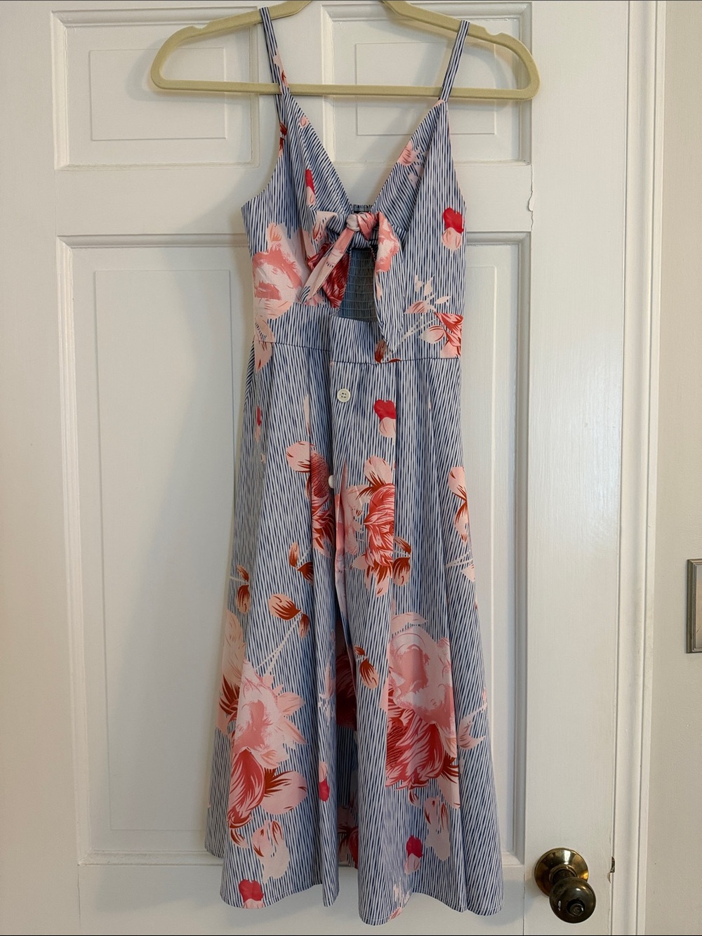 Fancyinn Blue Stripe Dress with Pink & Coral Floral Tie Front